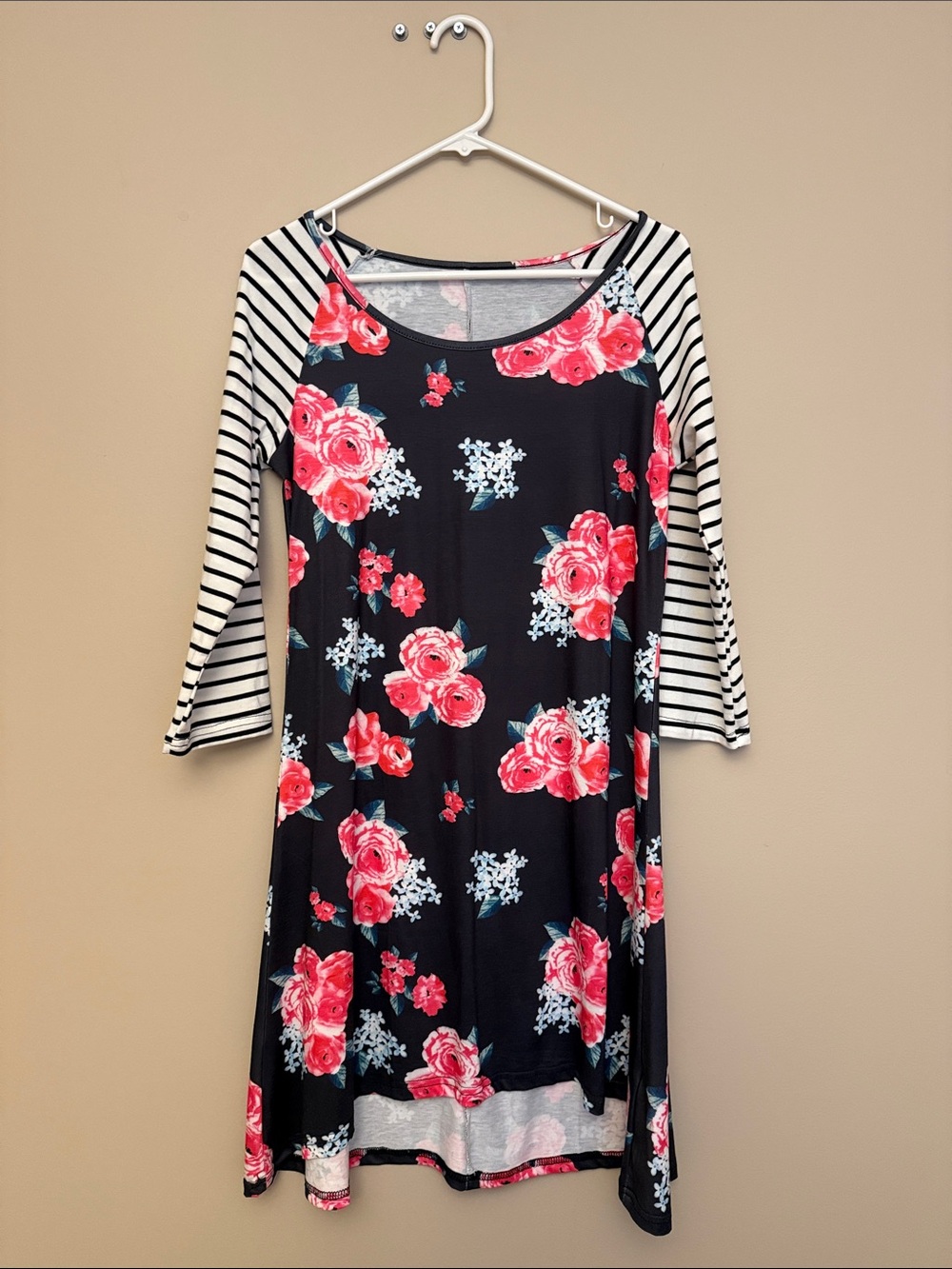 Black Floral Swing Dress with Striped Sleeves